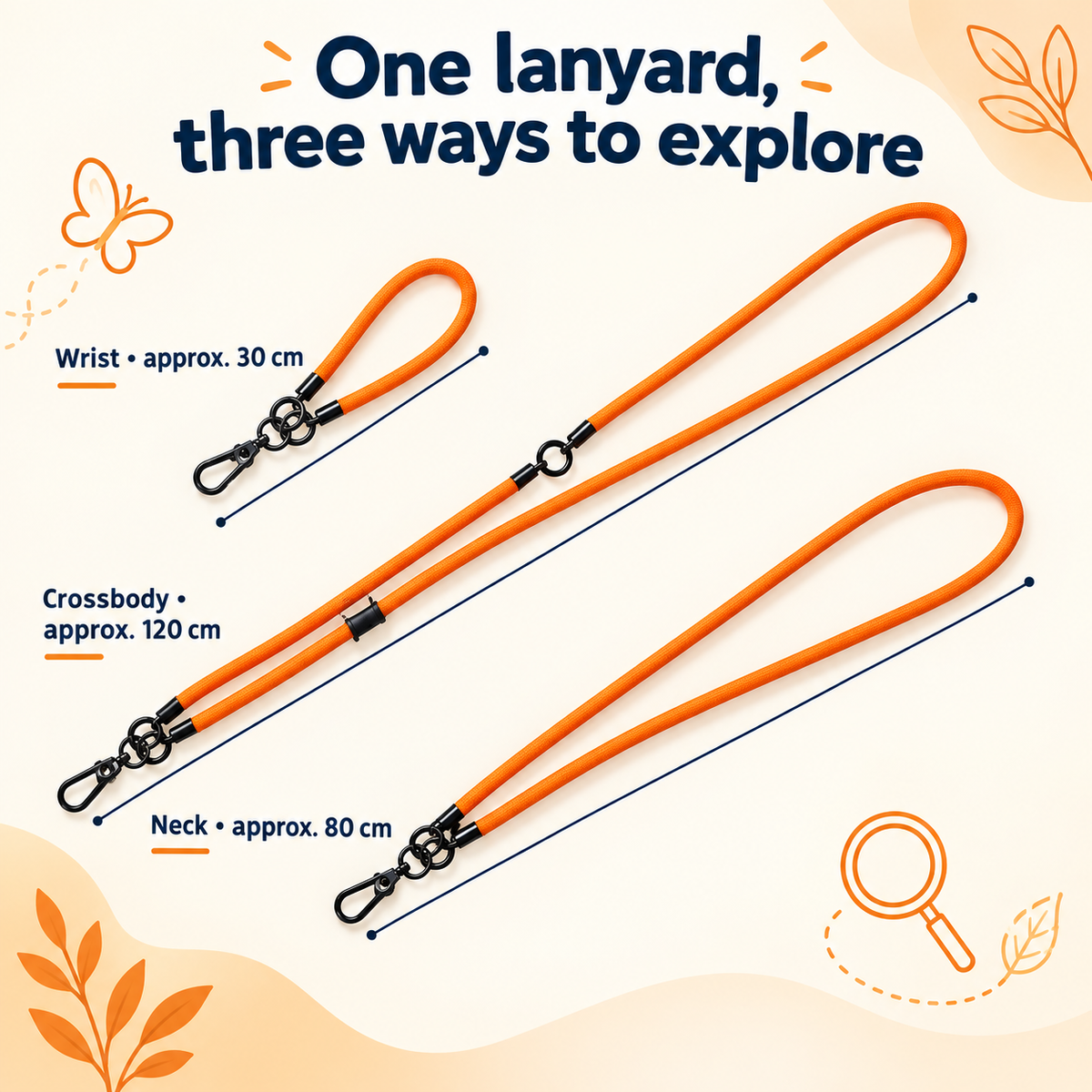 LuminoQuest orange 3-in-1 Explorer Lanyard with wrist, neck, and crossbody carrying options